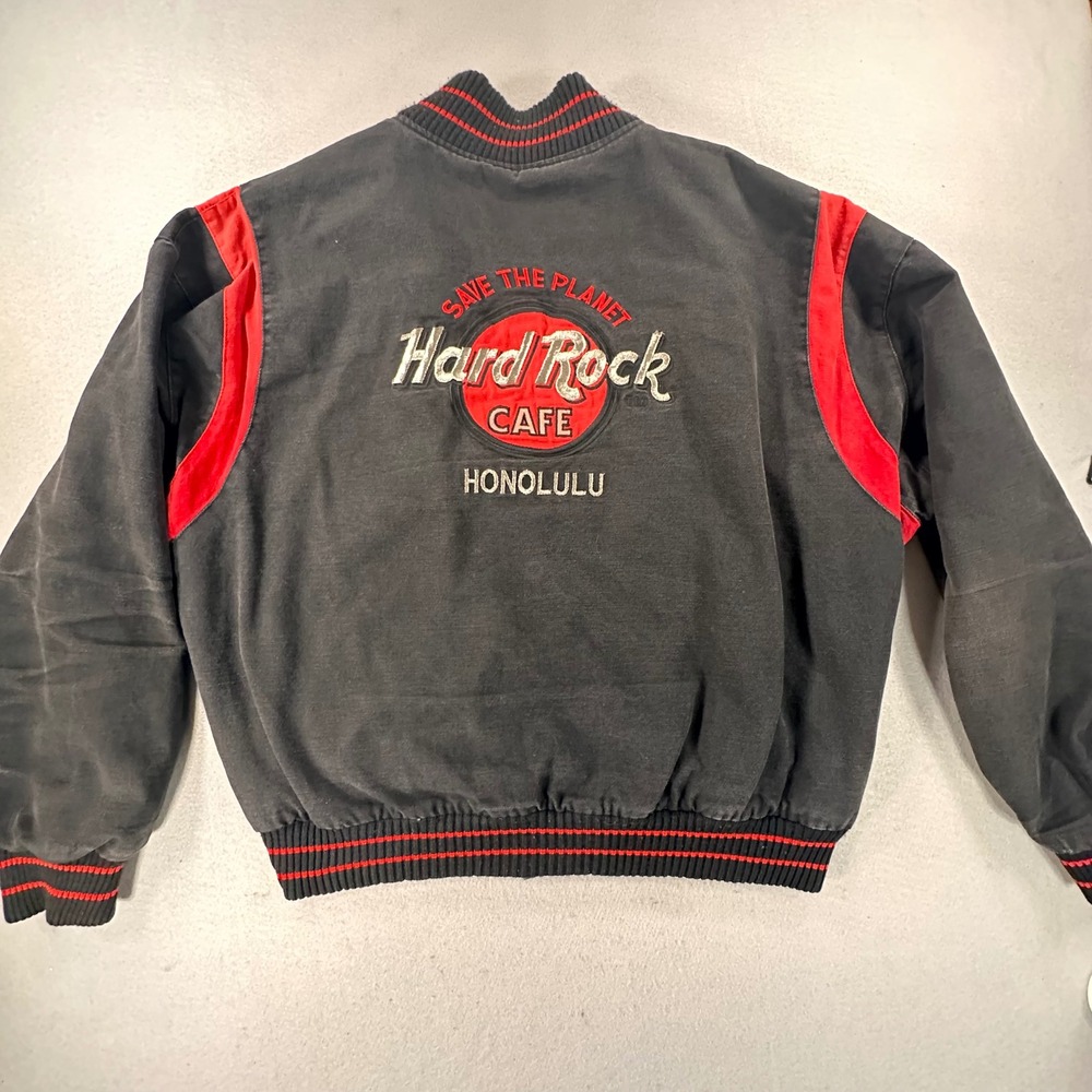 Vintage Hard Rock Cafe Honolulu Varsity Bomber Jacket Black Red Canvas Mens L